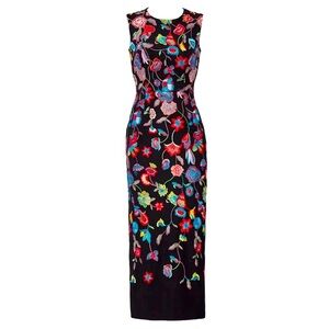 Monique Lhuillier Sonya Like New Dress Black Floral Embroidered Colorful Midi